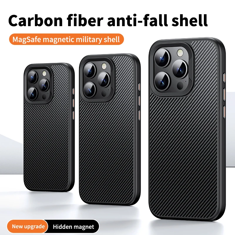 Carbon Fiber Magnetic Explosion-proof Phone Case For iPhone 12 13 14 15 16Pro Max Plus Lens Protection Magsafe Wireless Charging