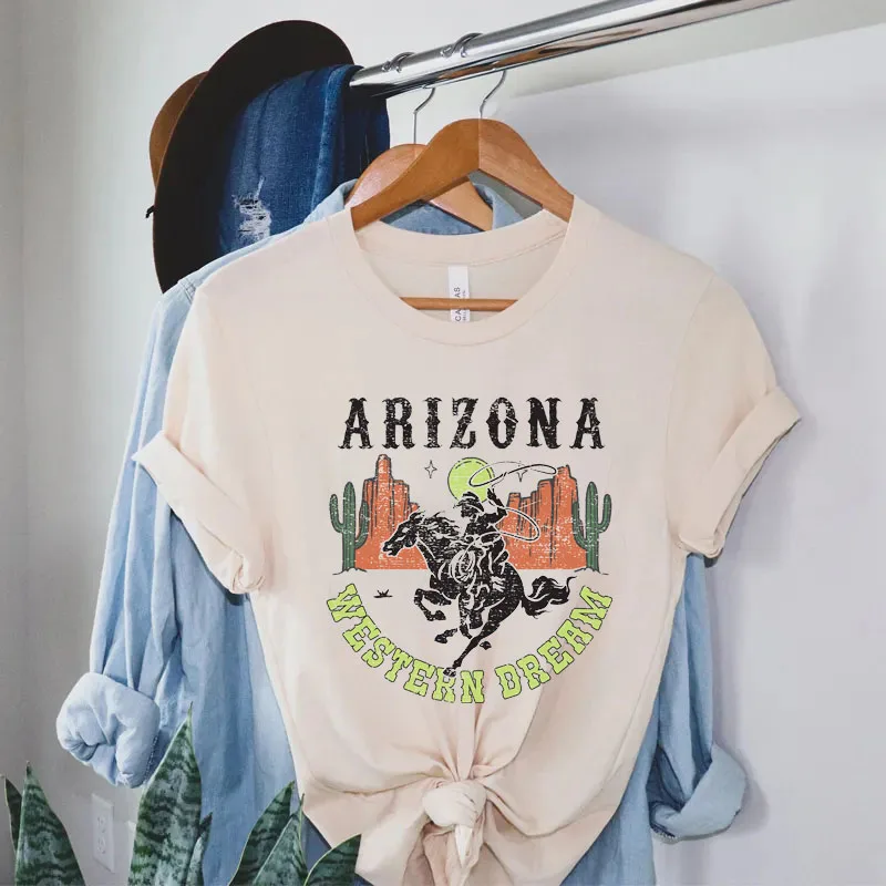 Western Cowgirl Women's T-Shirt Arizona Cowboy Desert Cactus Graphic T Shirts Ladies Loose Short Sleeve Vintage Shirt Top