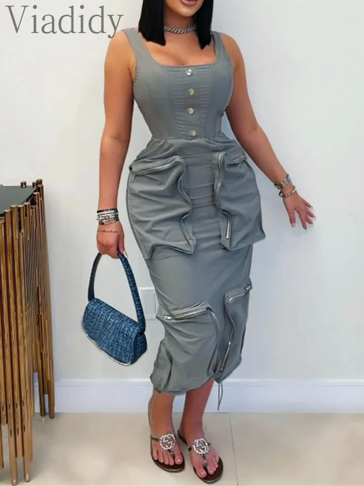 

Women's Casual Solid Color Button Front Sleeveless Pockets Decor Dress