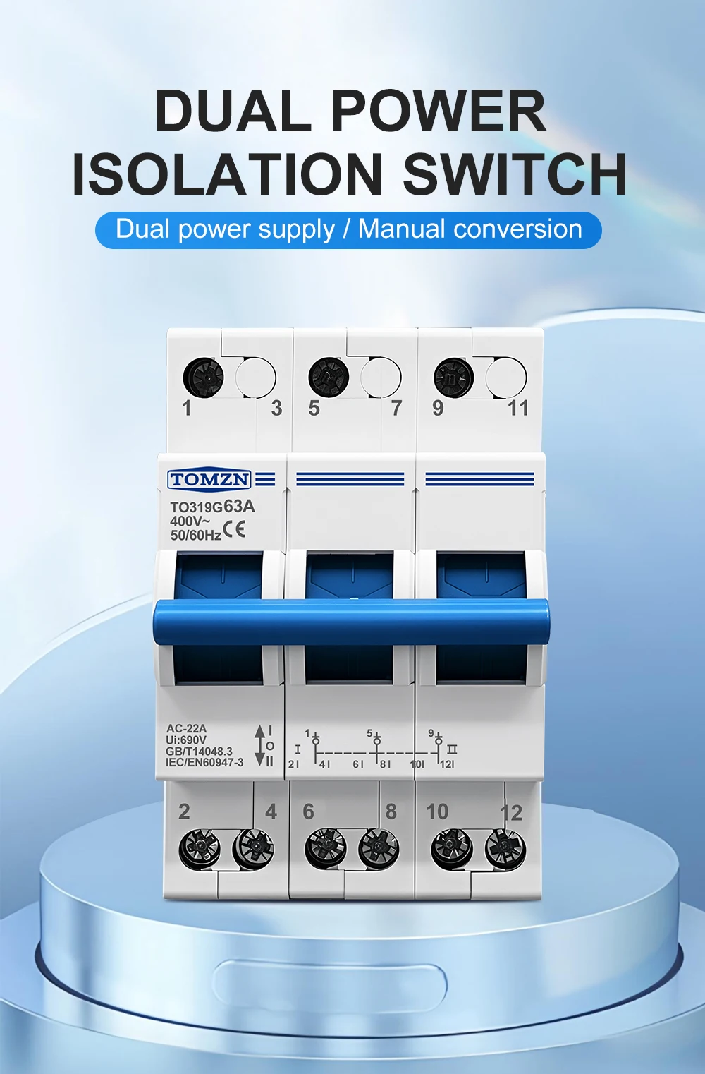 TOMZN 3P 380V AC 40A 63A MTS Manueller Doppelstrom-Umschalter mit Verriegelungsschutzschalter – Detail 1