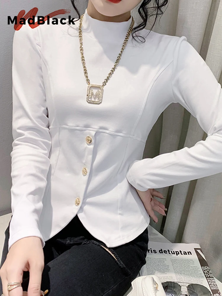 

MadBlack Spring Korean Clothes T-Shirt Vintage Button Women OL Tops Shirt Long Sleeve Button Tees 2023 New Black White T32107X