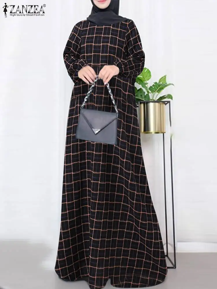 Vintage Grid Printed O-Neck Loose Dresses ZANZEA Muslim Maxi Long Dress Bohemian Fashion Sundress Holiday Ramadan Casual Kaftan