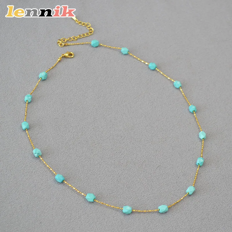 LENNIK vergoldete türkisfarbene Halskette, echter grüner Magnesit-Edelstein, Vintage-Kette mit geschliffenem Stein, stapelbarer mehrlagiger Schmuck für Frauen