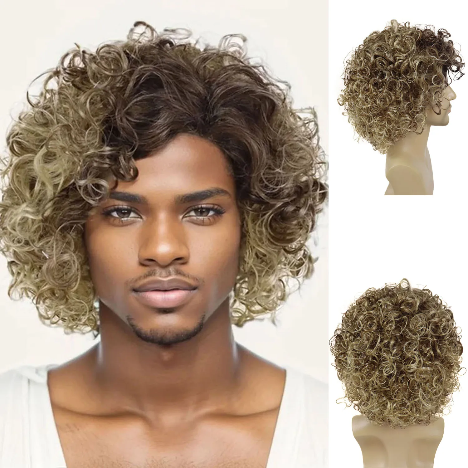 

Synthetic Afro Curly Wig for Black Men Father Wig Short Ombre Blonde Color Wigs with Bangs Daily Party Costume Heat Resistant