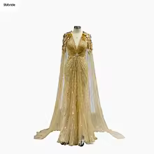 YYbride Newest Luxury Gold Color Sequins Full Beading Work Crystals V-Neck Mermaid Skirt Long Cape Customized Evening Dresses