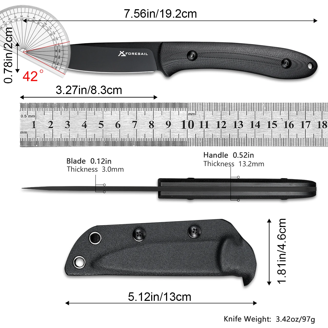 Fixed Blade Knife,DC53 Steel Blade and G10 Handle,with Kydex Sheath,Fixed Blade EDC Tactical KnifeOutdoor Hiking Camping Knives.