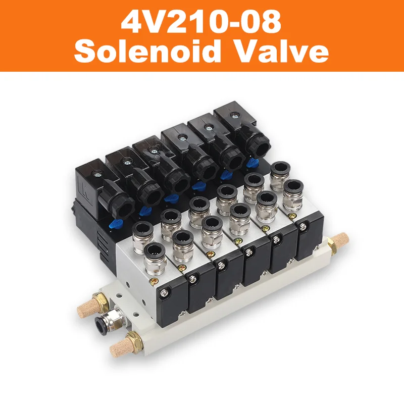 4V210-08 Valve Island Pneumatic Solenoid Valve Manifold 5/2 Way 12V/24V DC 110V/220V AC With Fittings Muffler Air Control Block