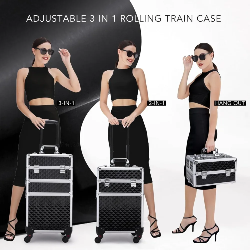Professional 3-in-1 Rolling Makeup Train Case with Large Storage, Swivel Wheels, and Lockable Keys for Salon and Barber Use