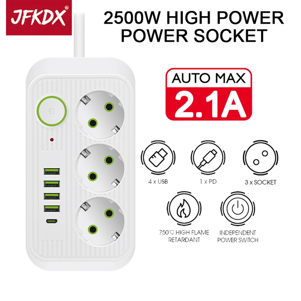 JFKDX EU Plug 2500W High Power Strip 2M Extension Cable 3 AC Sockets Network Filter With Usb Type C PD Fast Charge Master Switch