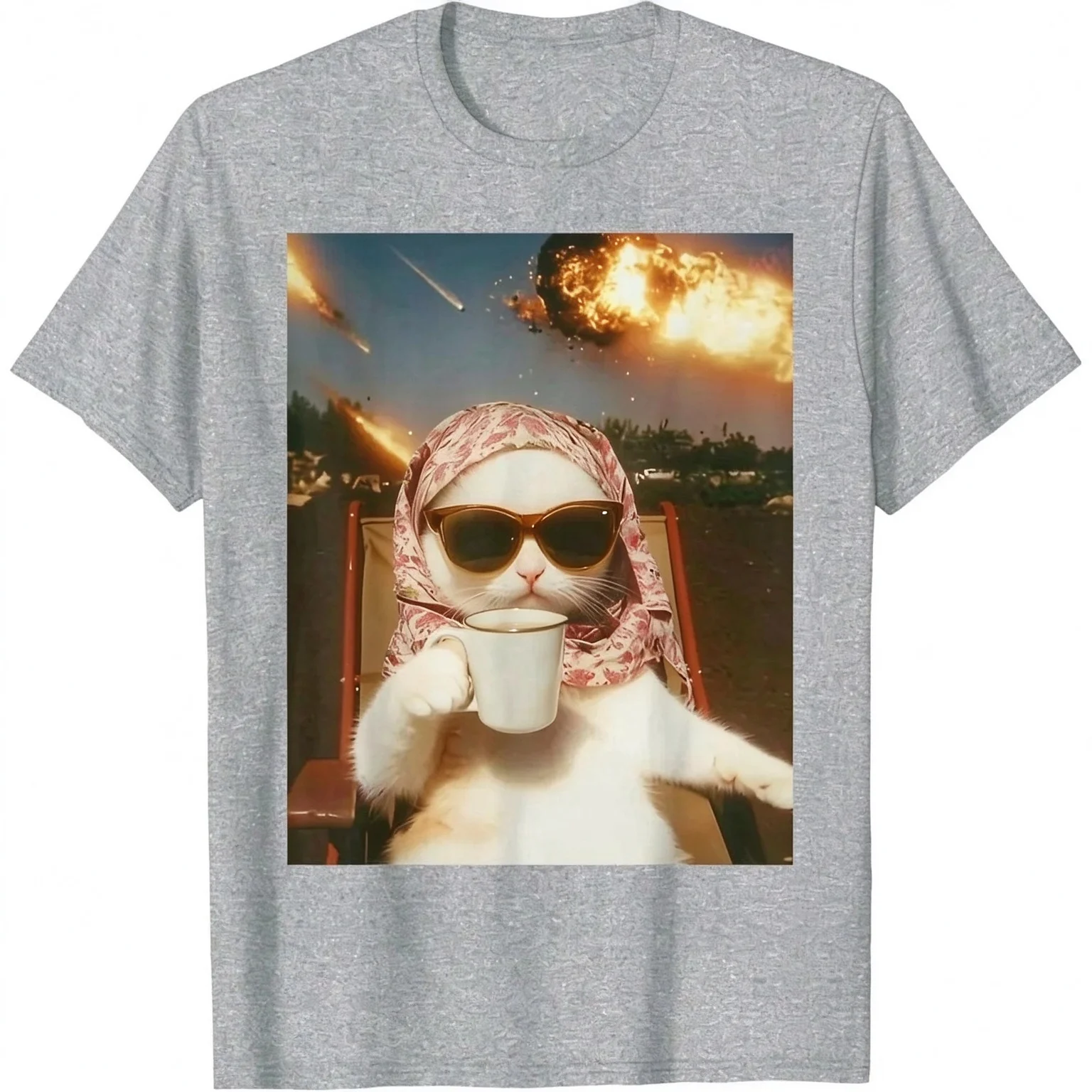 Hot Selling Funny Cat Volcano Print T-Shirt Men's Loose Cotton Tee Men Women Size S-XXXL