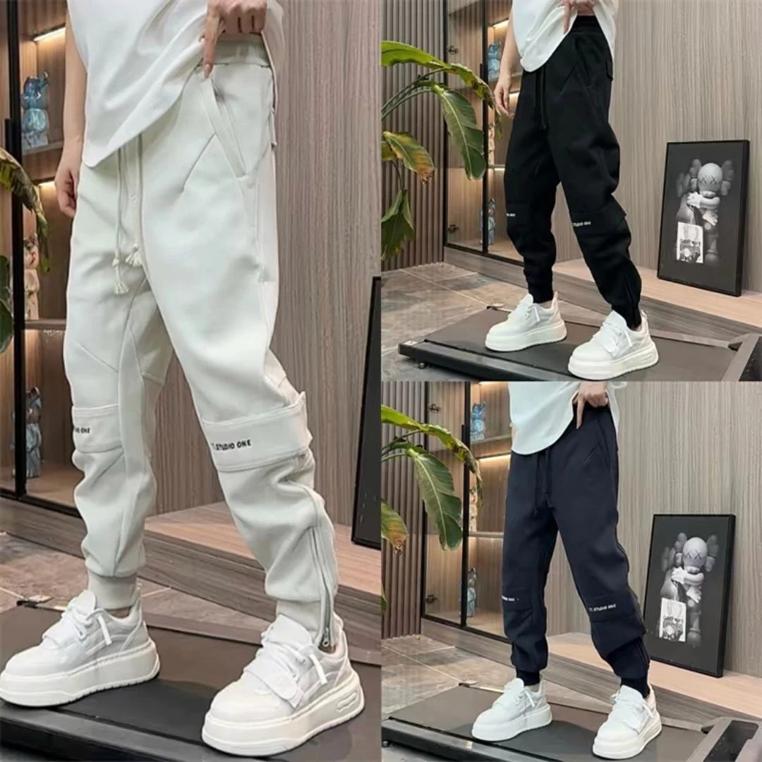 

Новые осенние мужские повседневные спортивные брюки свободного кроя в корейском стиле, однотонные, из полиэстера, с эффектом стройности