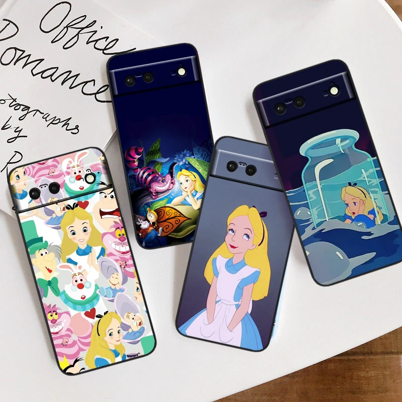 Alice In Wonderland For Google Pixel 8 7A 7 6A 6 5A 5 4 4A XL 5G Black Silicon Shockproof Shell Back Phone Case