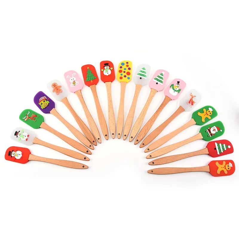

12pcs Cream Spatula Christmas Wooden Handle Non-Stick Kitchen Fondant Cake Silicone Cooking Scraper Kitchen Baking Tools