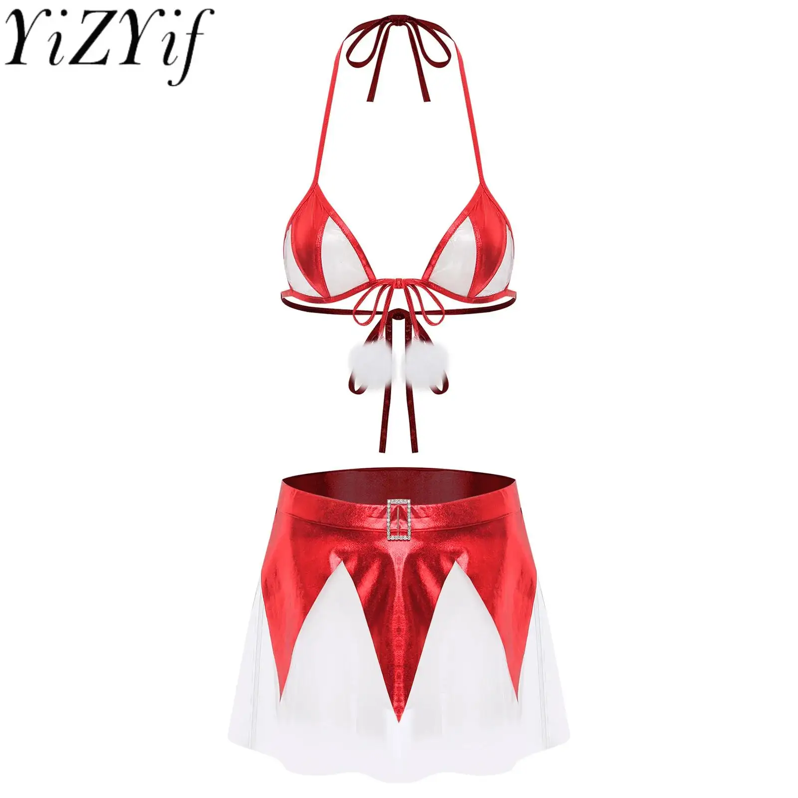 

Women Lingerie Bra Skirt Sets for Christmas Tempting Nightwear Halter Pompom Bra with See Through Mini Skirt Nightwear Set