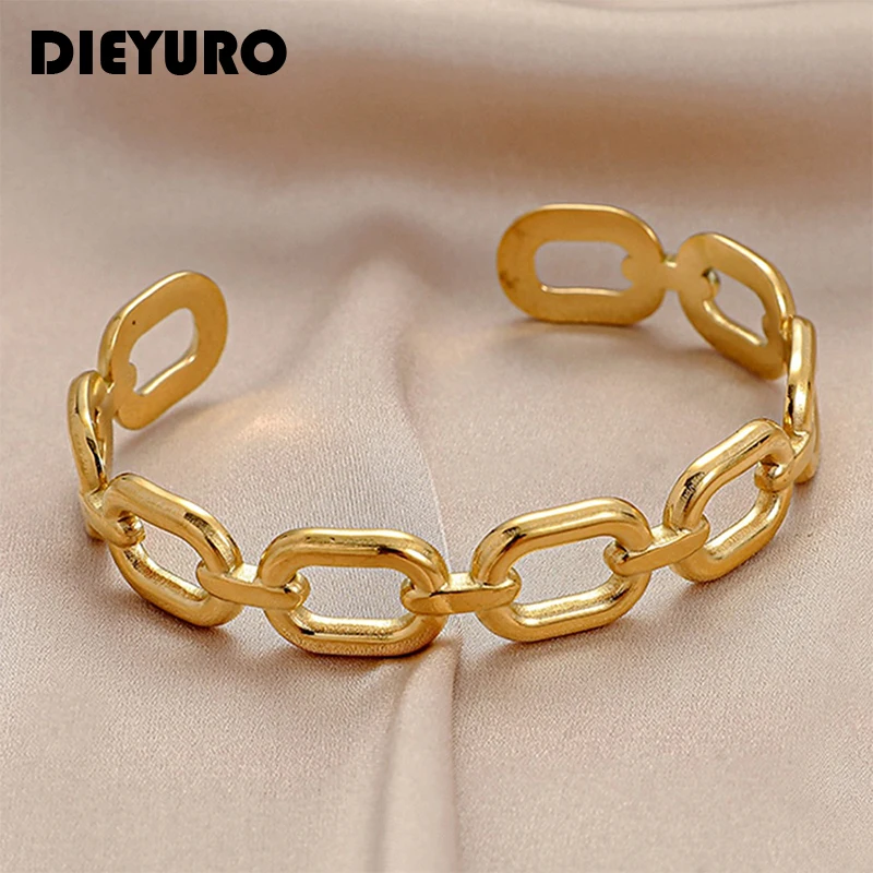 DIEYURO 316L Stainless Steel Women Bangles Fashion Square Link Hollow Out Bangle Vintage Gold Color High Quality Jewelry Gift