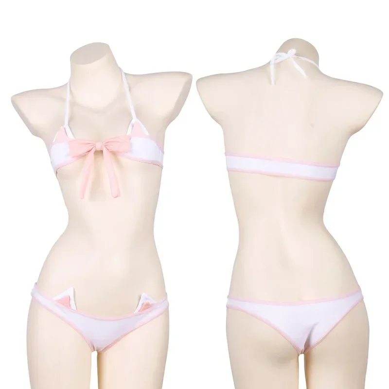 Lolita Anime Pink Bow Mini Bikini Set Bandage Pajamas Kawaii Cat Ears Plaid Underwear Panties Women Sexy Swim Lingerie Gift