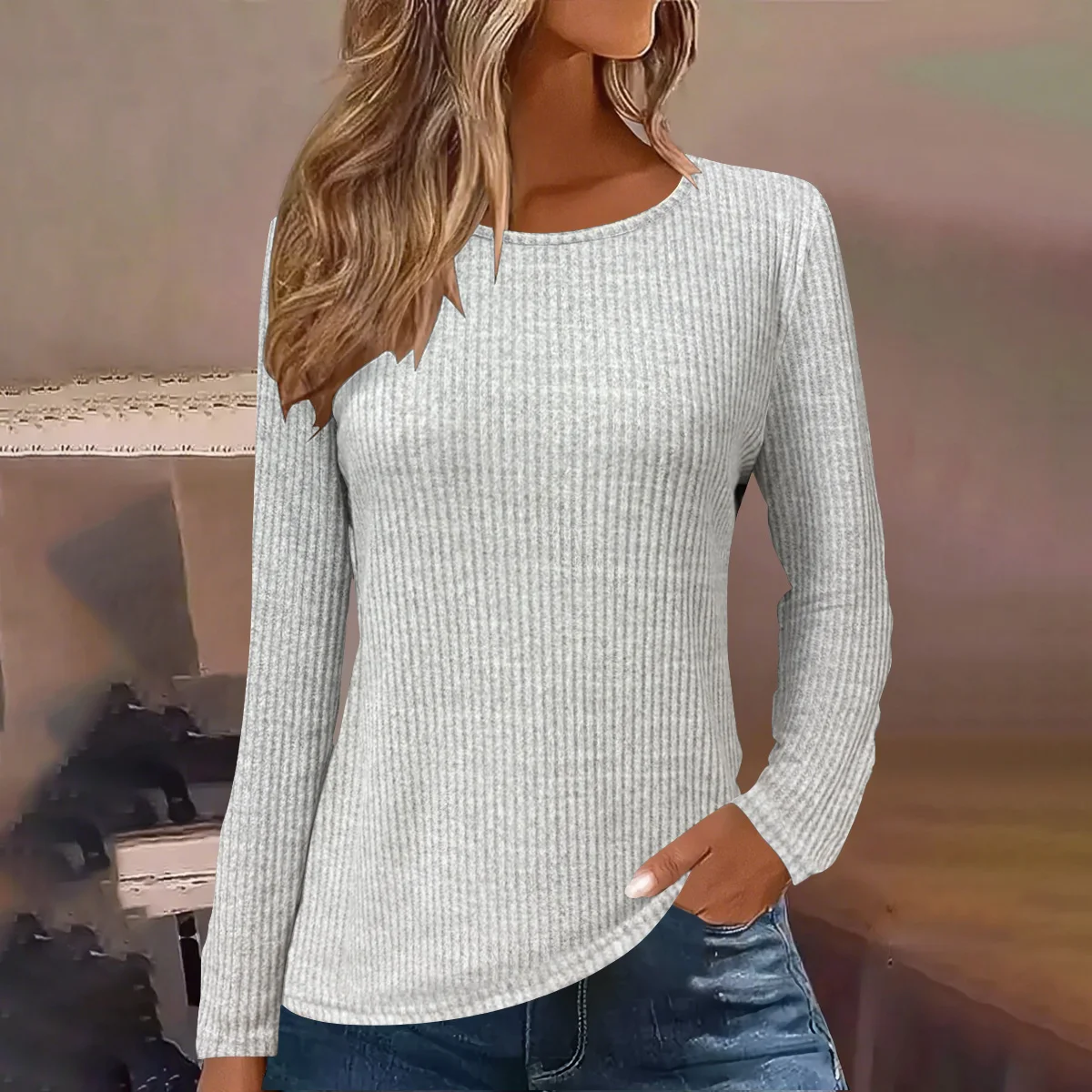 

2026 European and American Fashion Women's Autumn and Winter Season Pit strip Crewneck T-shirts