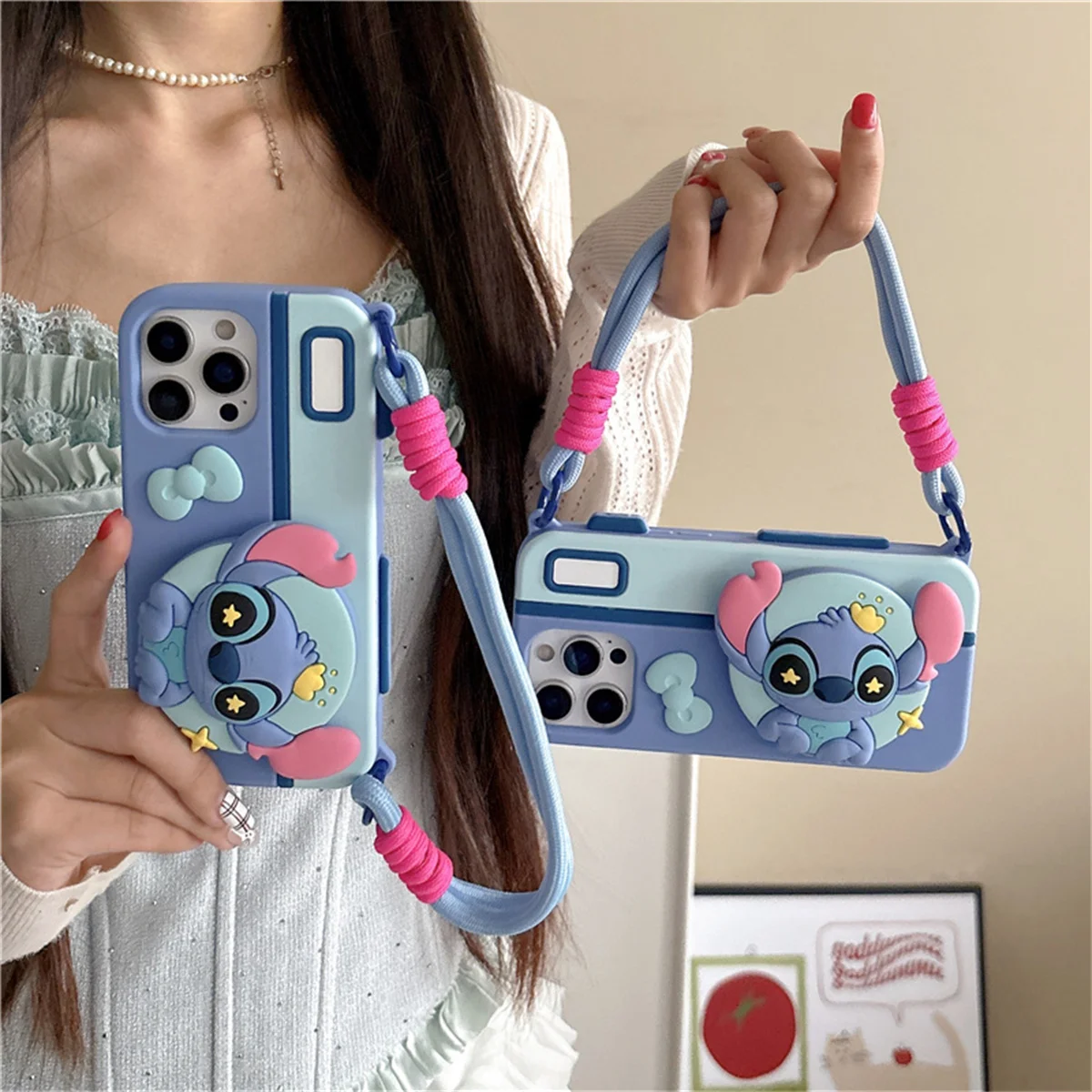 

Funny Cute Stitch Camera Phone Case For iPhone 16 Pro 13 14 15 Pro Max Cover with Strap Cartoon Soft Silicone Cases