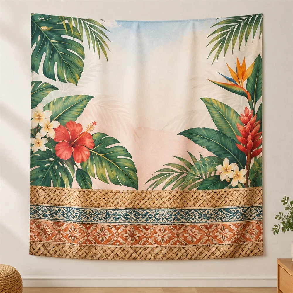VIKAMA Rattan Weave Pattern Layered Bands Tapestry Wall Hanging, Tropical Wall Decor Tapestries for Study Living Room Bedroom