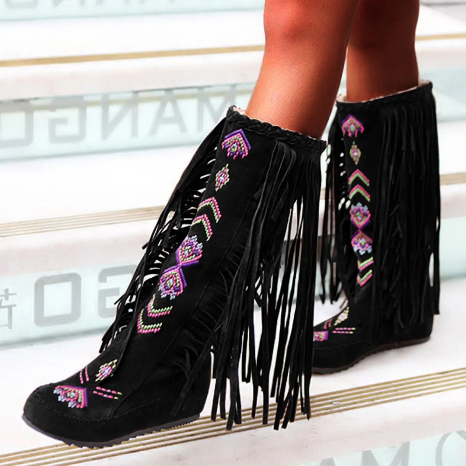 Ethnic Women Boots Fashion Fringe Flock Embroidery Round Toe Wedges Mid-calf Boots Solid Plus Size Comfort High Heels Booties