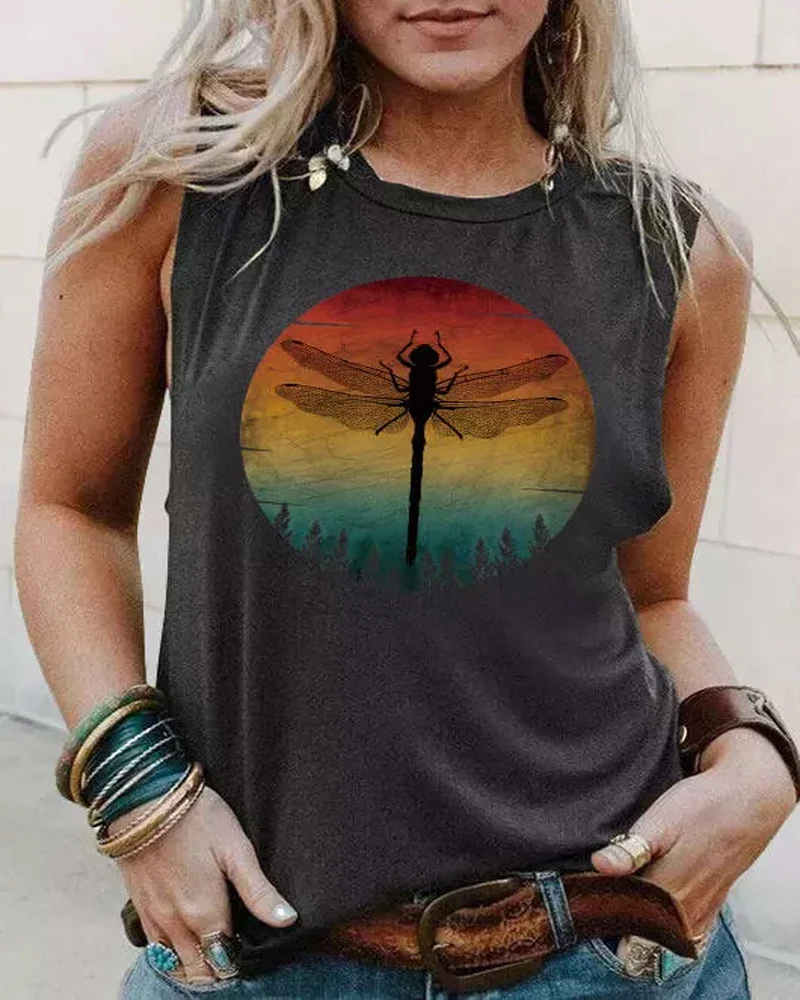 

Dark Gray Dragonfly Sunset Circular Printed Pattern Sleeveless Vest for Casual Women, Fashionable New Loose Thin Versatile Top