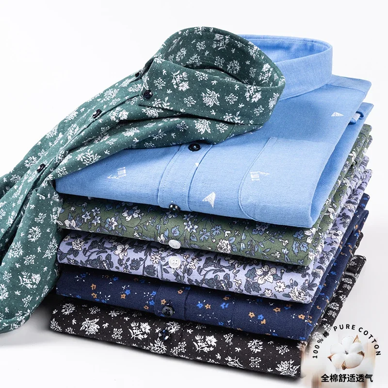 Męska 100% bawełniana koszule z długim rękawem Vintage, w kwiaty nadruk oddychająca koszula sukienka biurowa Casual Fashion Standard Workwear koszule