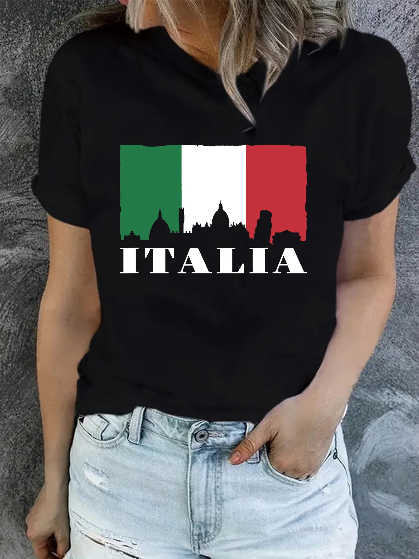 Italian flag print creative design women\'s T-shirt top summer round neck short sleeved fashionable graphic t shirt