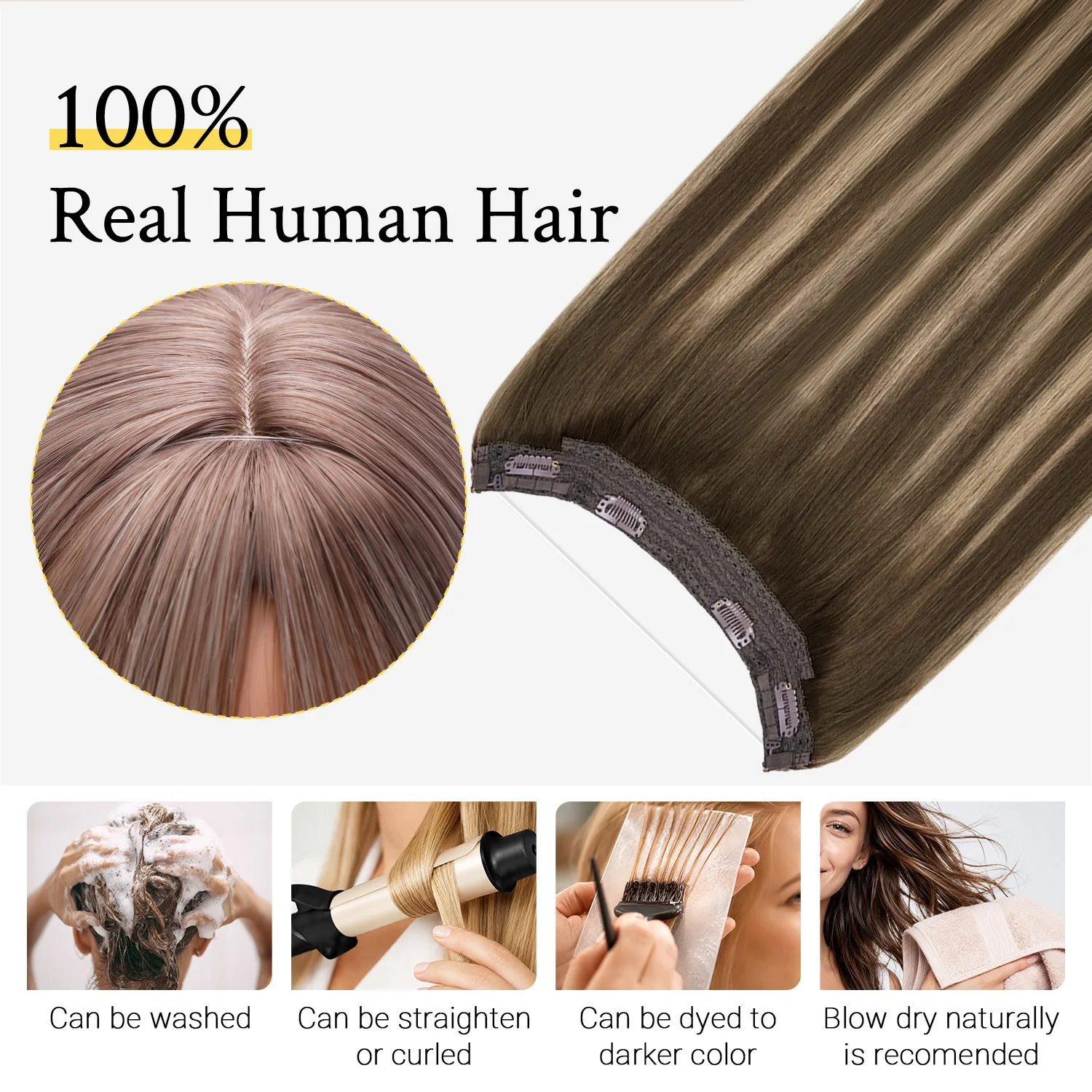 Sunmofavo Wire in Hair Extensions, Real Human Fish Line Hair Strands with 4 Clips,Easy and Quick Application for Starters to Add Hair Volume,  Chocolate Golden Brown Ombre, Free for Dyeing and Heat Styling, Create Perfect Hairstyles, Soft Straight Texture