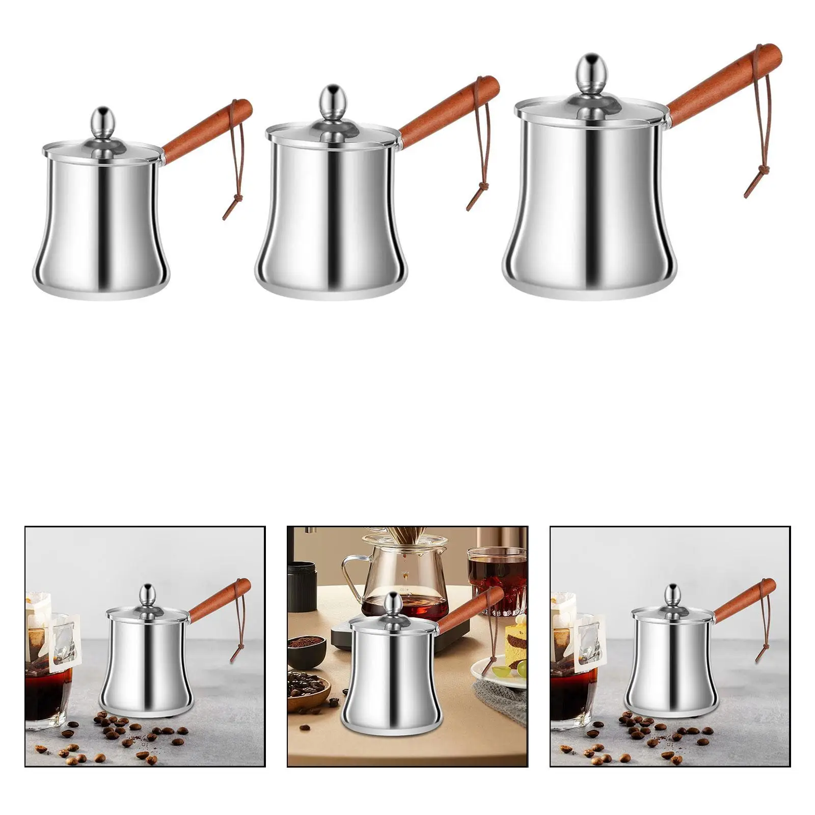 إبريق قهوة تركي من الفولاذ المقاوم للصدأ للشوكولاتة الساخنة، متعدد الأغراض، مقبض خشبي مقاوم للحرارة، وعاء غليان صغير #1