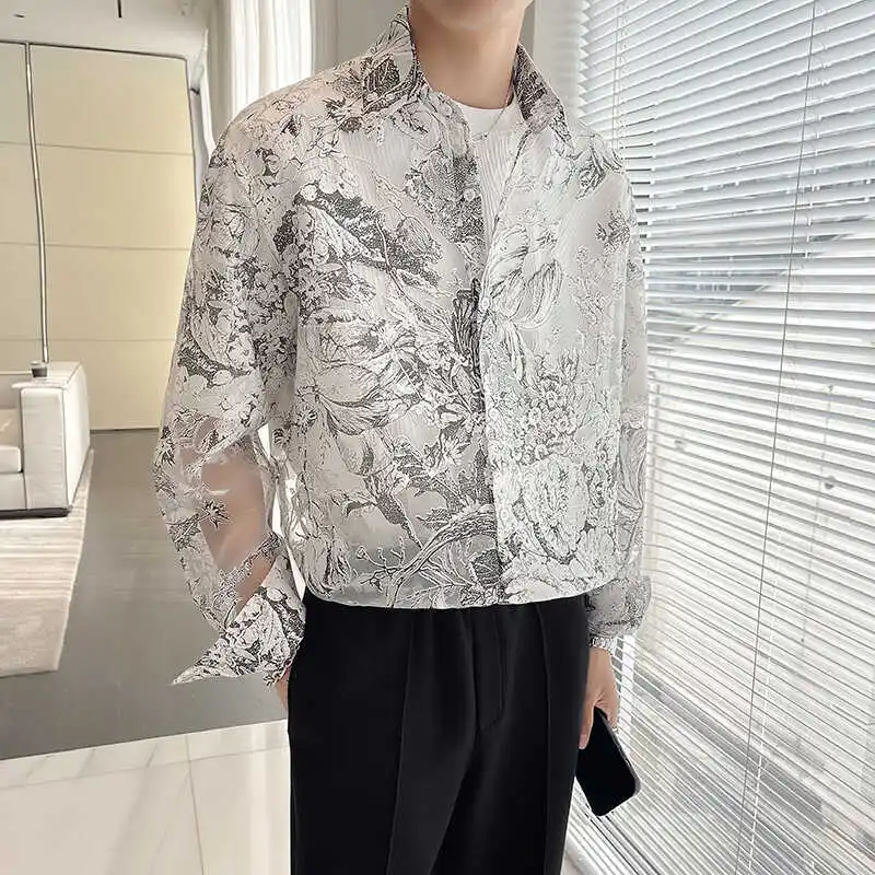 Men Summer Hollow Flowers Organza See Through Long Sleeve Vintage Loose Casual Shirts Women Oversize Blouses Party Dress Shirt