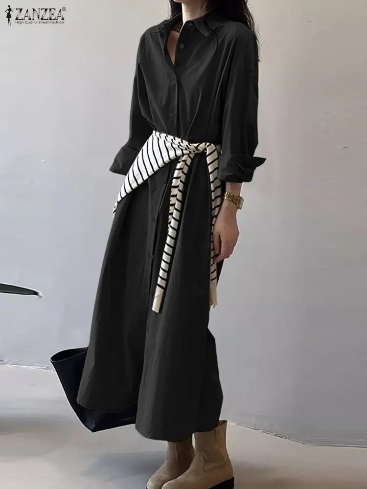 ZANZEA Moda Orlo a fessura Abiti lunghi Donna Casual Colletto rovesciato Manica lunga Bottoni Camicia tinta unita Abito da pendolarismo 3XL