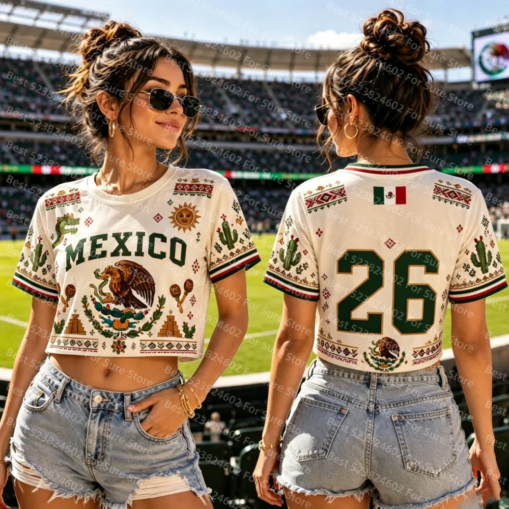 Y2K Mexico Crop Tops Women Green Eagle Print Short Sleeve Crewneck Slim Cropped T Shirt Retro Sport Stadium Casual Streetwear