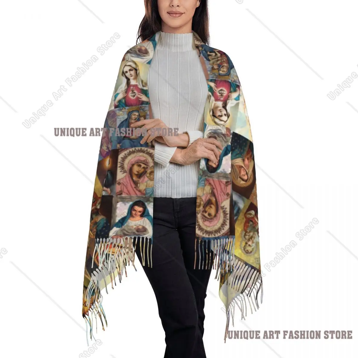 مخصص الإناث كبيرة مريم العذراء الأوشحة النساء الشتاء سميكة الدافئة شرابة شال يلتف وشاح المسيحية الكاثوليكية #1