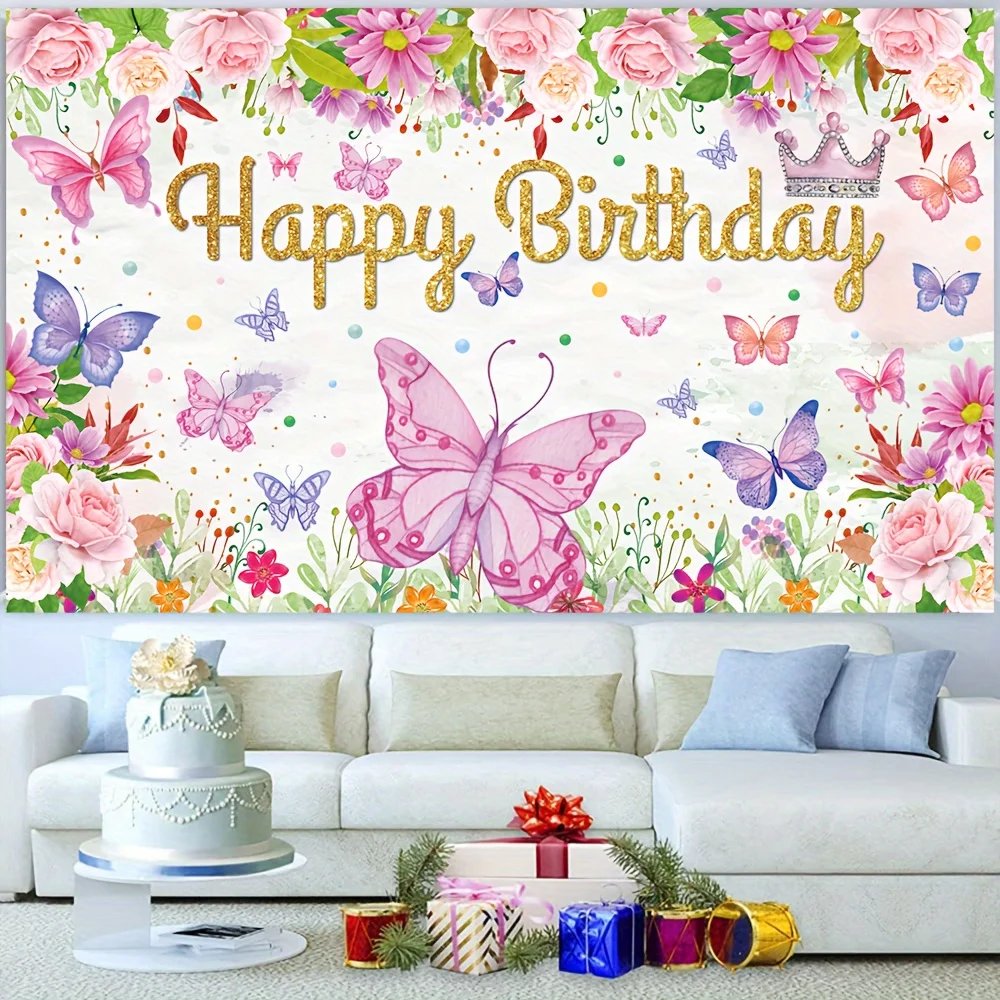 Colorful butterfly birthday party decoration background, spring themed celebration event background banner decoration