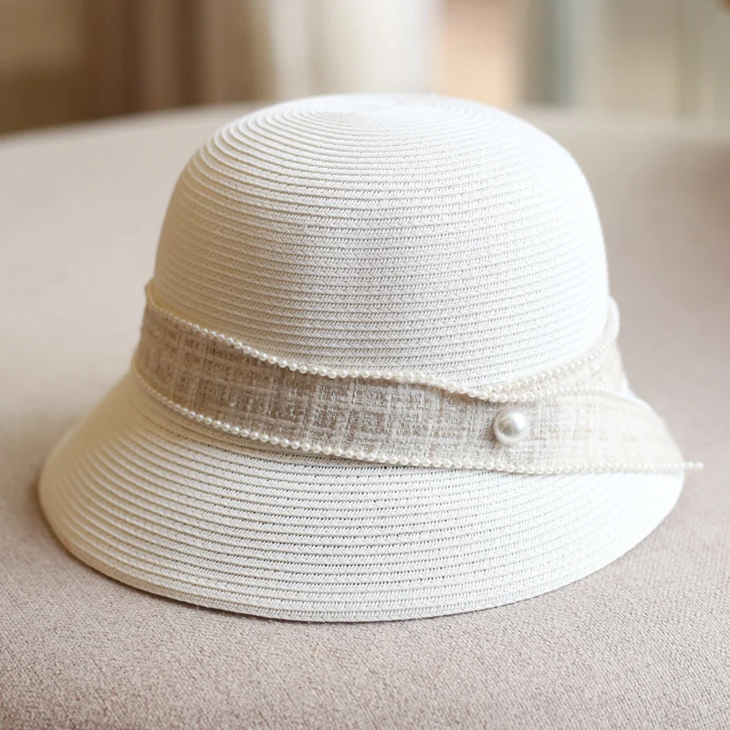 Summer Outing Women's Beach Foldable Sunshade Pearl Straw Hat