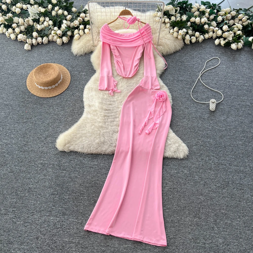 

Элегантное винтажное платье с разрезом на шее, корейская модная женская одежда, офисный женский осенний комплект из двух предметов