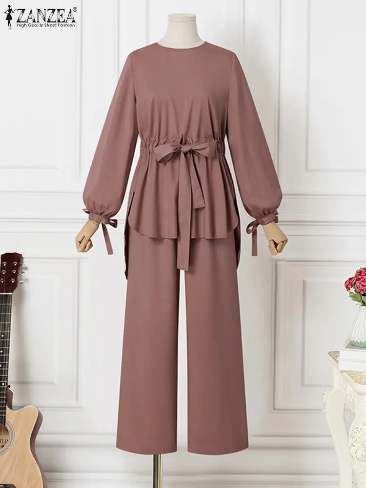 ZANZEA Muslim Women Matching Sets Long Sleeve Solid Color Tops And Loose Pant Suits Elegant Fashion Casual Tracksuit Kaftan 2023