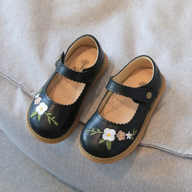 Children Leather Shoes Girls Genuine Leather Flower embroidery Shoes Soft Sole Non-slip Single Shoes Size 21-30