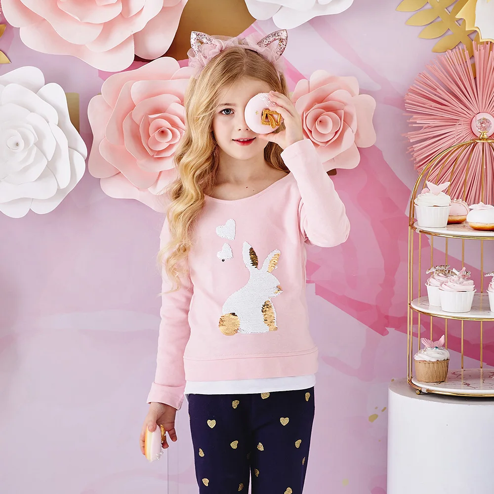 VIKITA Kaus Musim Semi Musim Gugur Lengan Panjang Anak-anak Atasan dan Kaus Kasual Katun Anak Perempuan Kaus Kelinci Berpayet Anak-anak Kostum Anak-anak