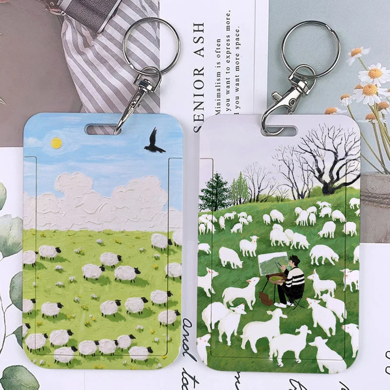 Cute Cartoon Baby Sheep Keychains Holders Bank Bus ID Credit Cards Key Ring Chains