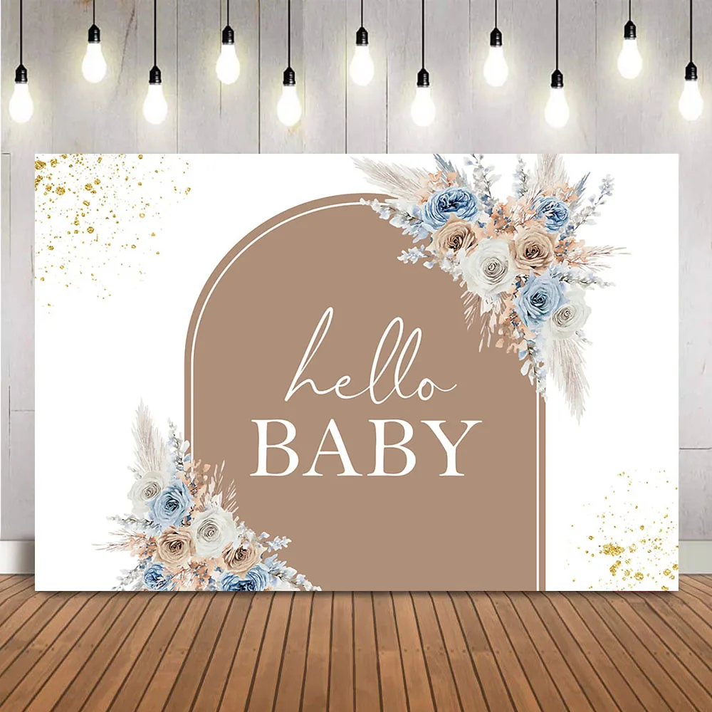 

Hello Boho Baby Backdrop Blue Flowers Gold Glitter Shining Dots Photo Background Photocall Baby Shower Theme Party Decorations