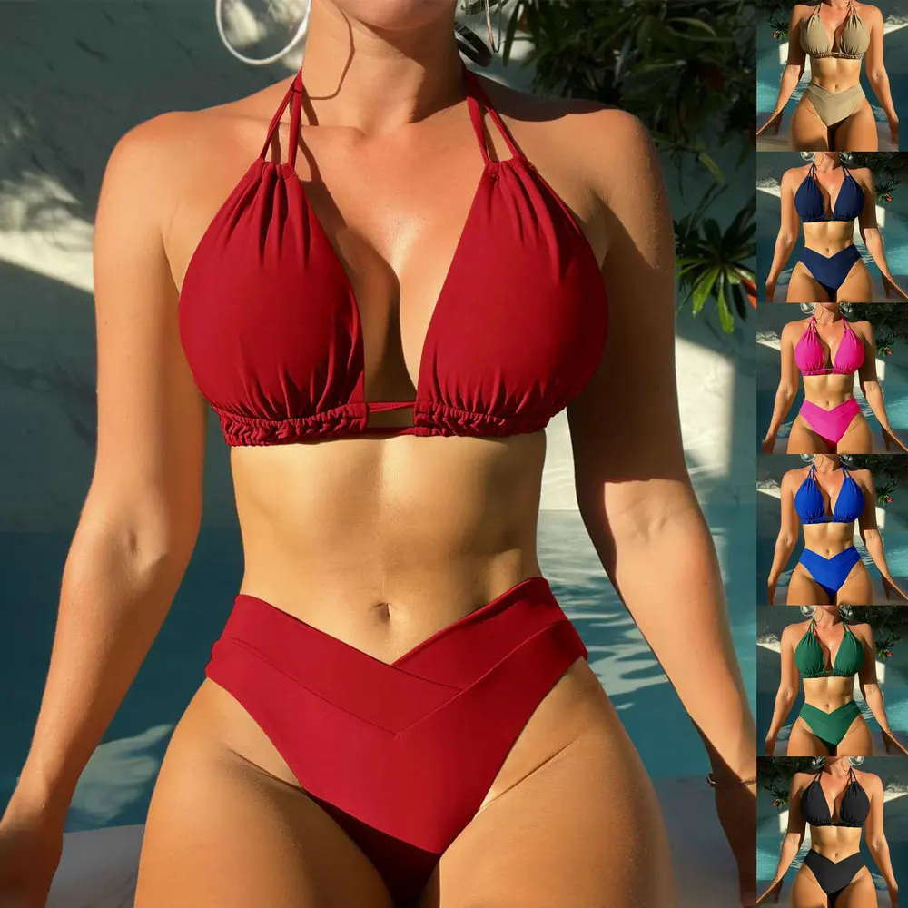 

Sexy Nylon Monochromatic Bikini Swimwear for Women Fashionable Two-Piece Swimsuit Sensual Beachwear