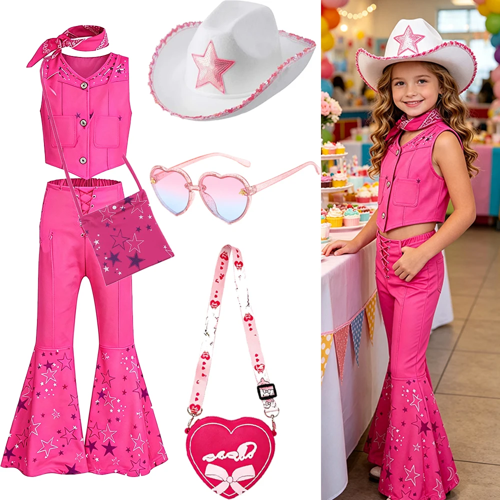 Rosa Cowgirl-Kostüm Mädchen-Outfit-Set Weste Schlaghose Kinder-Halloween-Kostüme – Detail 2