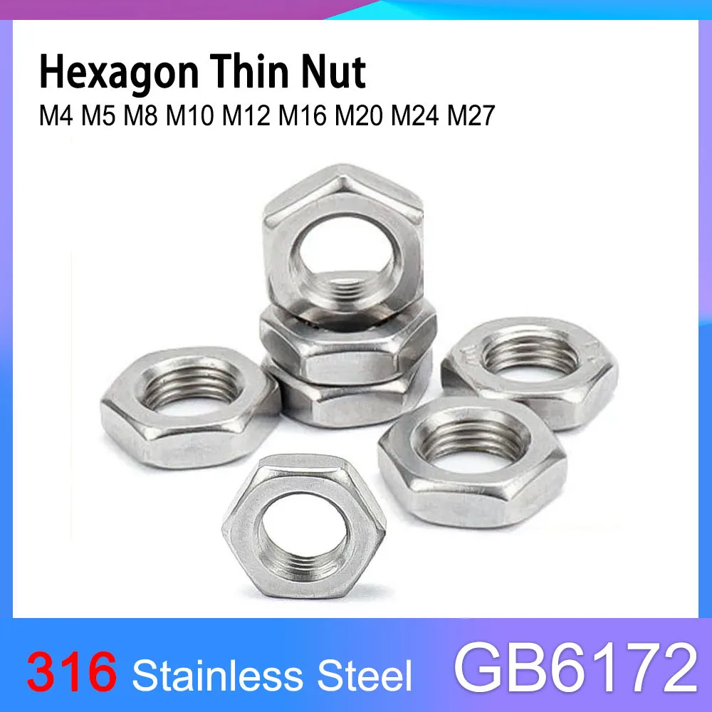 

GB6172 A4-040 Hexagon Thin Nut Flat 316 Stainless Steel Hex Jam Nuts M4 M5 M8 M10 M12 M16 M20 M24 M27