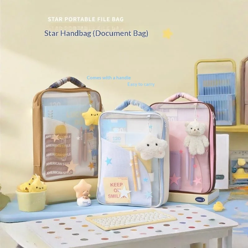 

Star Handheld File Bag Transparent Multi Layer Large Capacity Aesthetic Portable Document Paper Storage Bag For Office Adults