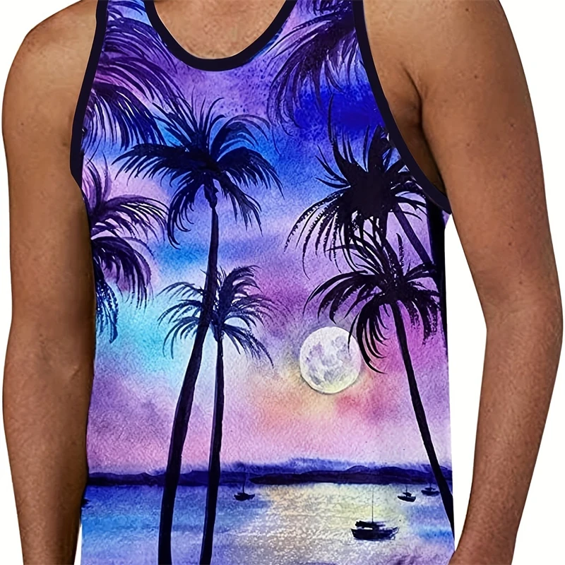 Hawaiian Men's Tank Tops Seaside Vacation Casual Men's Tank Tops Summer Travel Loose Comfort Top Sunset Coconut Tree Print Vest