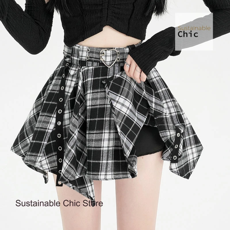 American plaid retro old spice pleated skirt women's summer new fashion temperament irregular contrast plaid casual A-line skirt