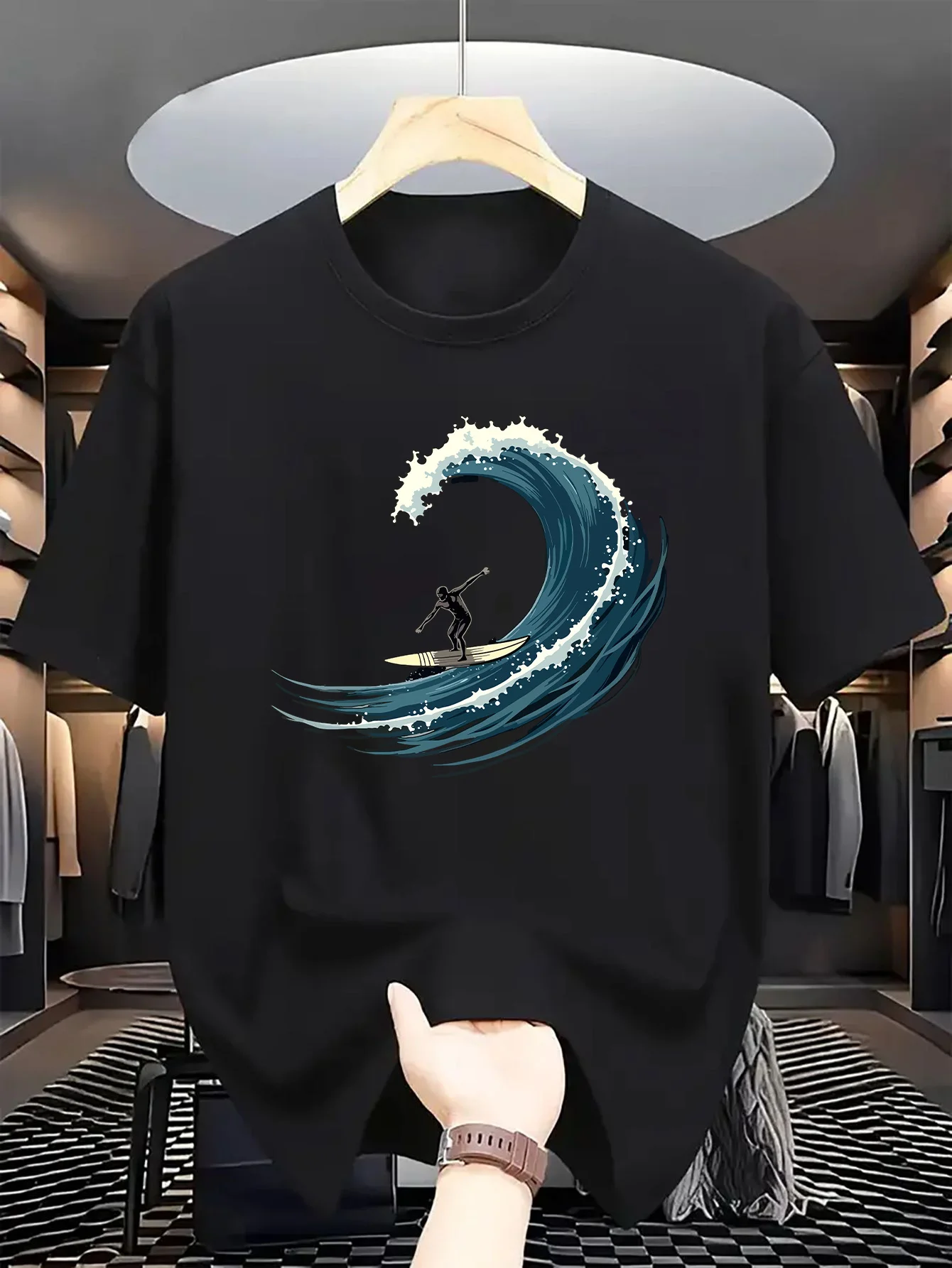 Camiseta gráfica de Surf para hombre, azul con diseño de estampado de surfista ondulado blanco, informal, cuello redondo, transpirable, calle, Hip Hop, manga corta