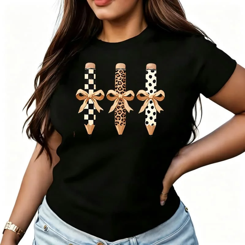 Retro Bow Pencil Graphic Print Women's T-Shirt 100% Cotton Funny Graphic Short Sleeve Tee Novelty Shirt Casual Crew Neck Top S-5Xl
