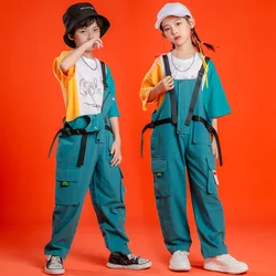 Cool T Shirt Overall Pants Kids Hip Hop Dancing Clothes Jazz Dancewear for Girls Boys Street Dance Wear Outfit Ballroom Costumes